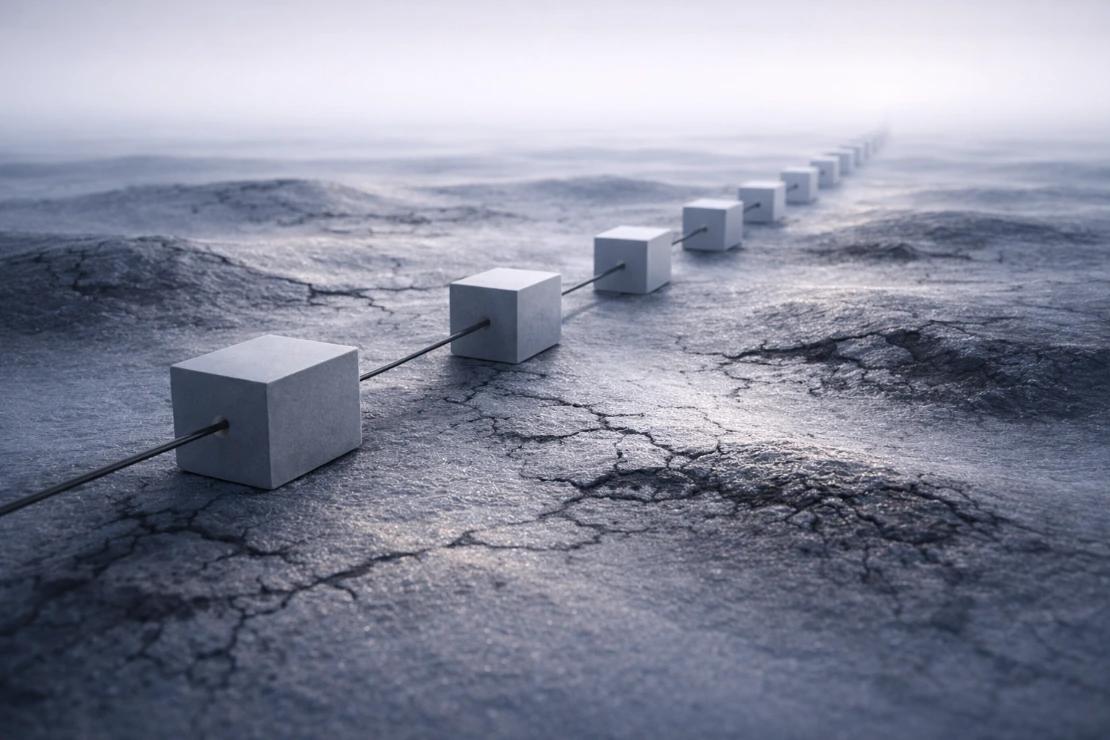 Illustration of an infinite blockchain in a fractured landscape