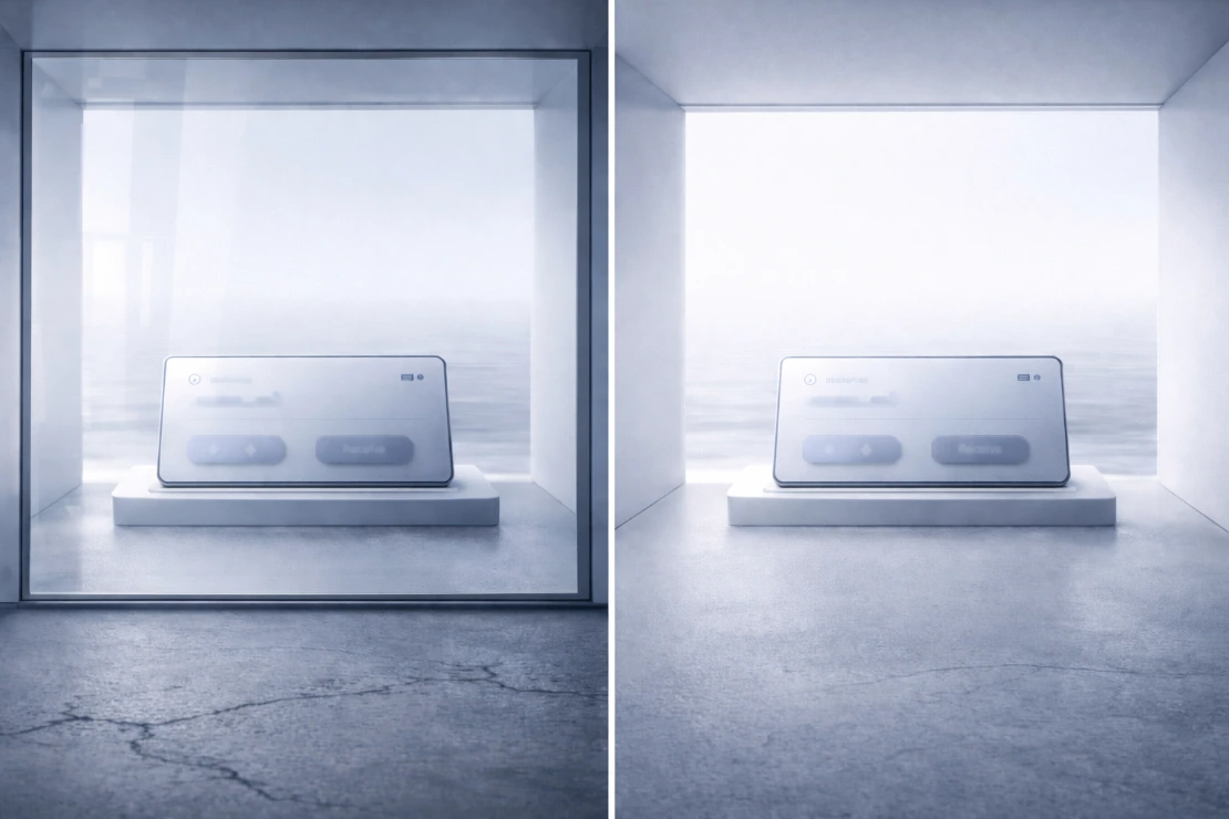 Illustration of an indirect vs direct access to crypto assets through one sided glass