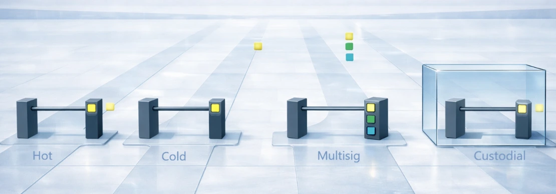 Illustration of hot, cold, multisig and custodial wallets