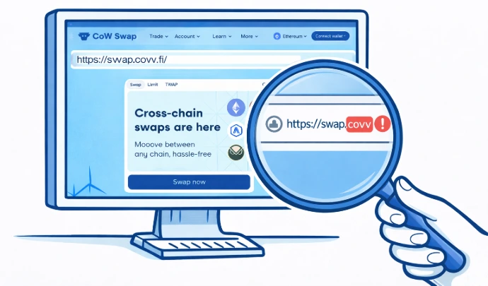 User carefully checking a DeFi website URL to detect a phishing scam