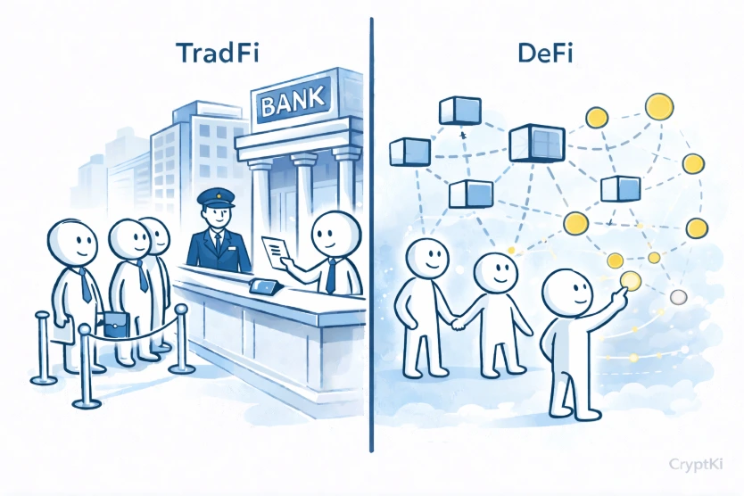 Illustration comparing traditional finance and decentralized finance (DeFi)