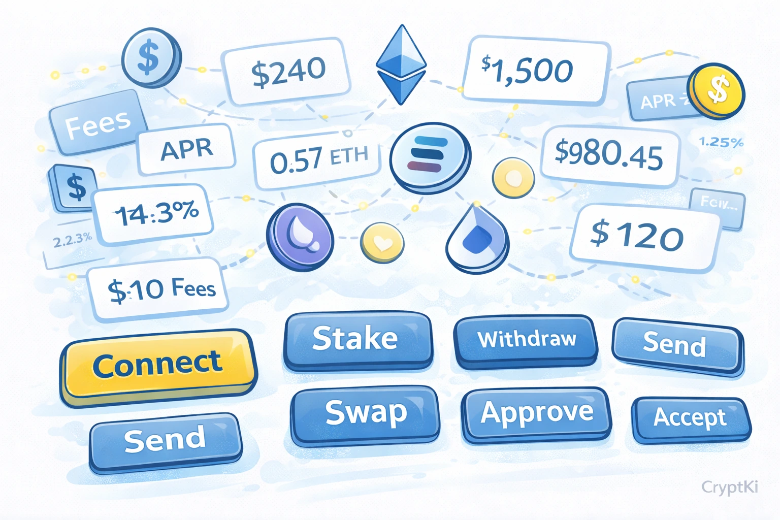 Illustration showing common DeFi actions such as connect, swap, stake, and approve