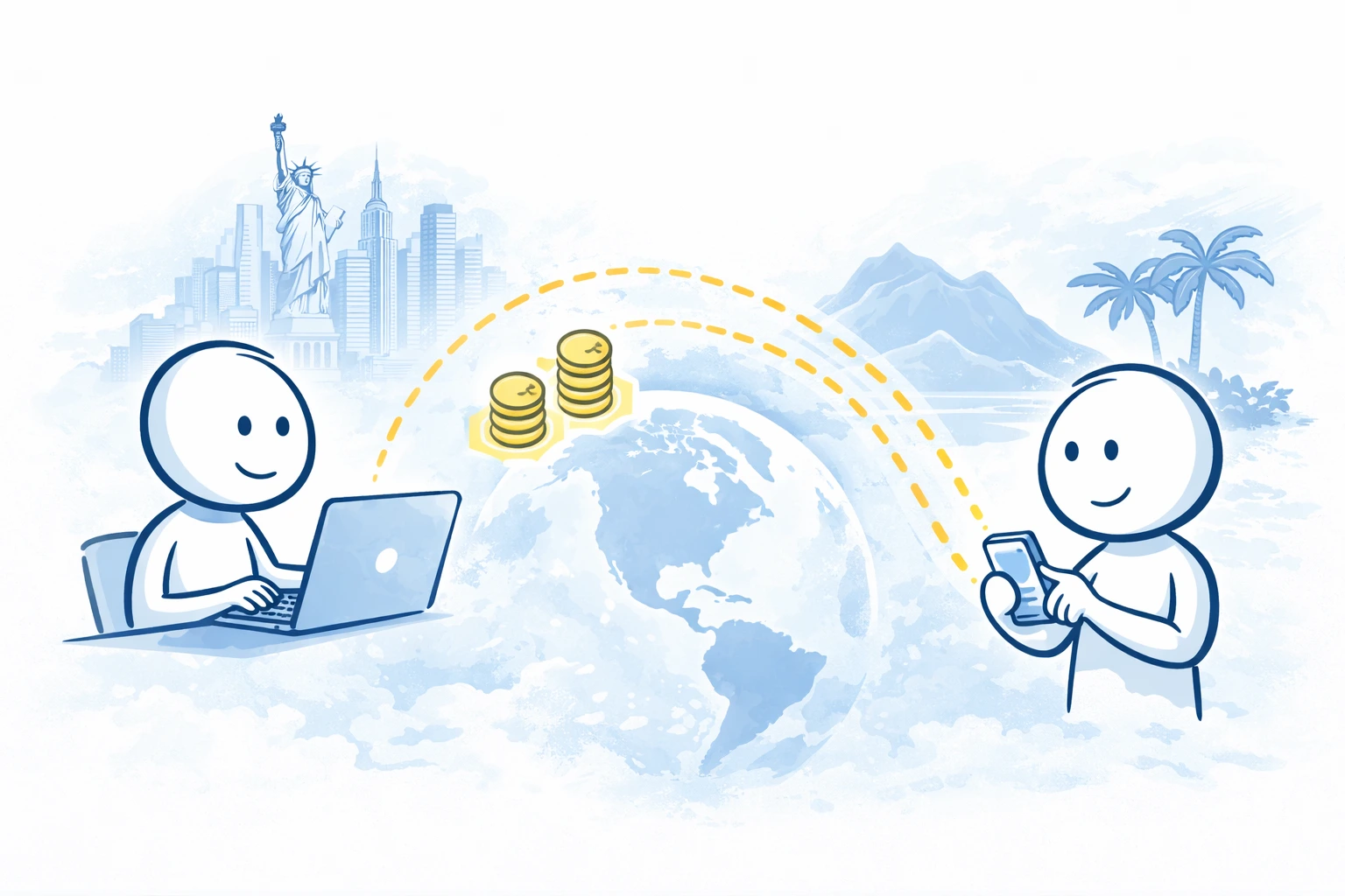 Illustration of an international cryptocurrency transfer between a laptop wallet and a smartphone wallet