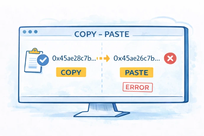 Illustration showing clipboard malware replacing a copied crypto wallet address with a slightly different one