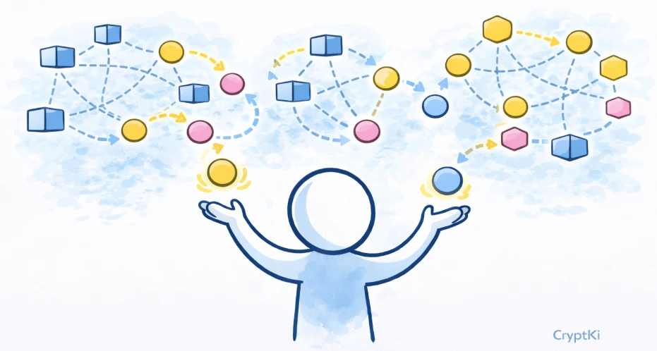 Illustration showing cryptocurrency assets being swapped between different tokens and networks