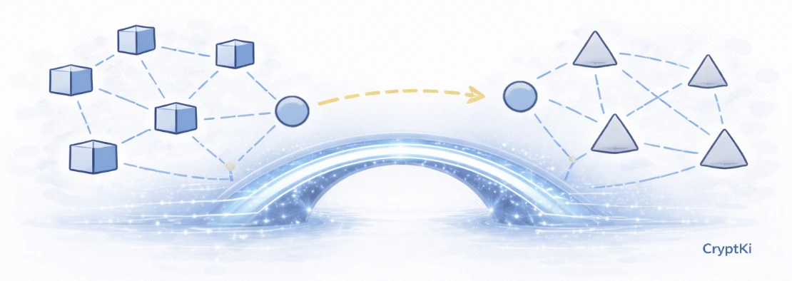 Illustration of a bridge transferring cryptocurrency between two blockchains