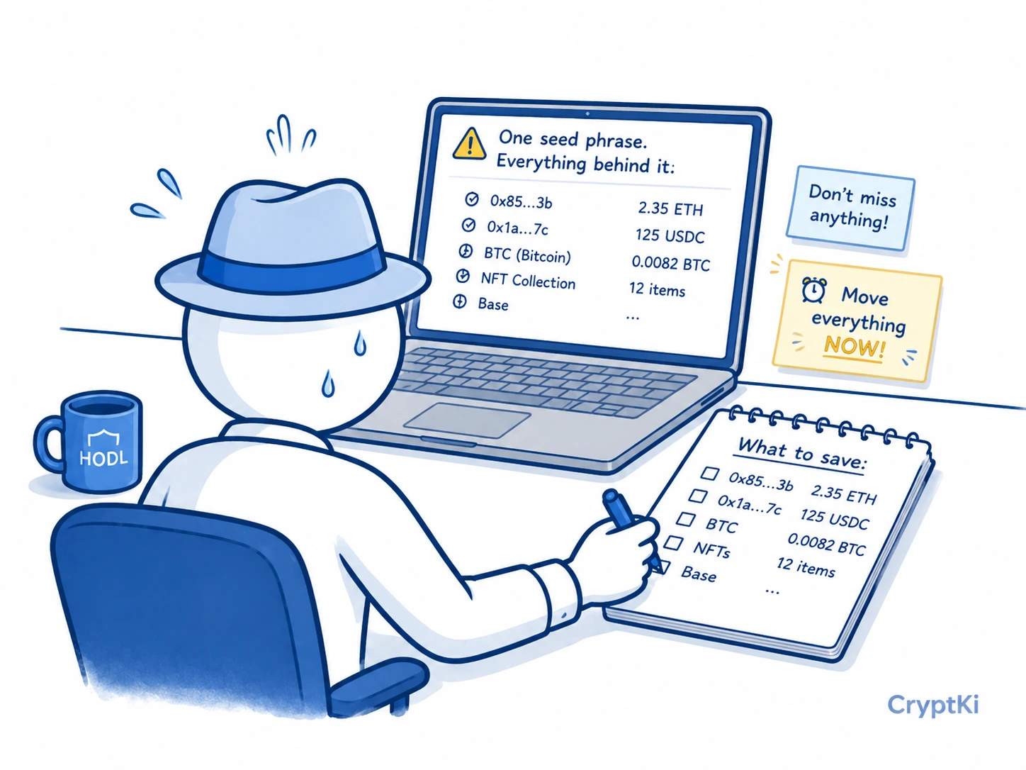 User preparing an emergency checklist to move crypto assets to a new wallet