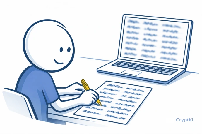 Person writing down a 24-word crypto wallet seed phrase on paper for secure offline backup