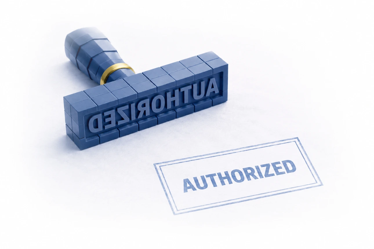 Rubber stamp representing a DeFi token approval or smart contract permission